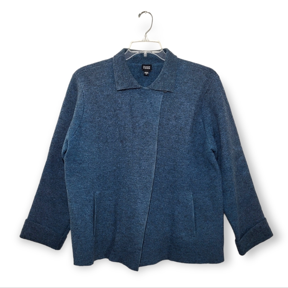 Eileen Fisher Blue Boiled Felted Wool Wrap Front Jacket Medium